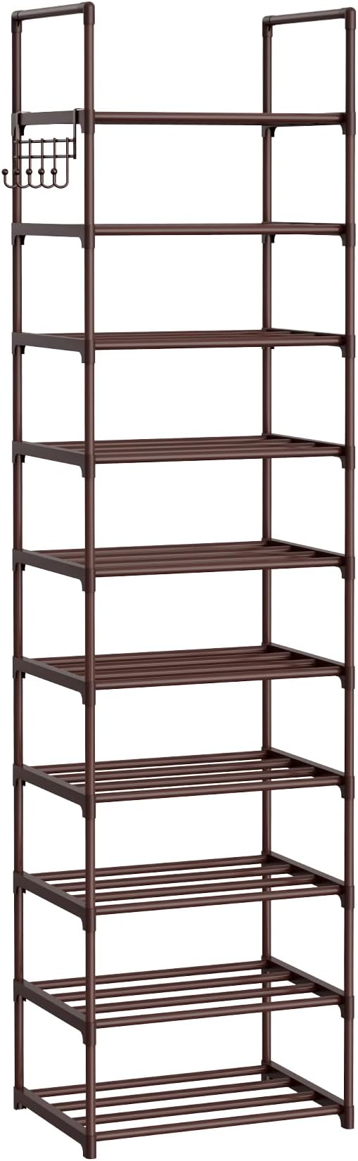 Tall 10 Tier Shoe Rack - 20-24 Pair Storage, Sturdy Metal Shoe Organizer with Hooks for Closet, Entryway, Brown
