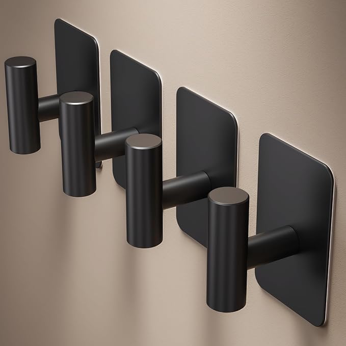 Heavy Duty Adhesive Hooks - 26lb Max, Sticky Wall Hooks Waterproof Stainless Steel for Hanging Towel, Coat, Robe, Towel Hooks Stick on Bathroom, Kitchen, Shower, Door (Black, 2 Pack)