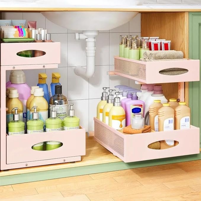 Under Sink Organizer, 2-Pack Pull Out Cabinet Organizer 2 Tier Metal Slide Out Storage Shelf Rack, L-Shaped Adjustable Height,Mesh Sliding Drawer for Kitchen, Bathroom, Laundry, Pantry, Pink, XL