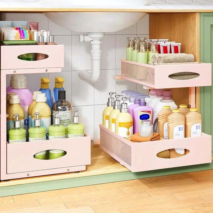 Under Sink Organizer, 1-Pack Pull Out Cabinet Organizer 2 Tier Metal Slide Out Storage Shelf Rack, L-Shaped Adjustable Height,Mesh Sliding Drawer for Kitchen, Bathroom, Laundry, Pantry, Pink, XL