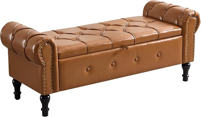 Storage Bench 51" Faux Leather End of Bed Benches Brown | Queen Size Storage Bench for Bedroom with Rolled Arms Tufted Ottoman Benches Upholstered Bench for Living Room Entryway