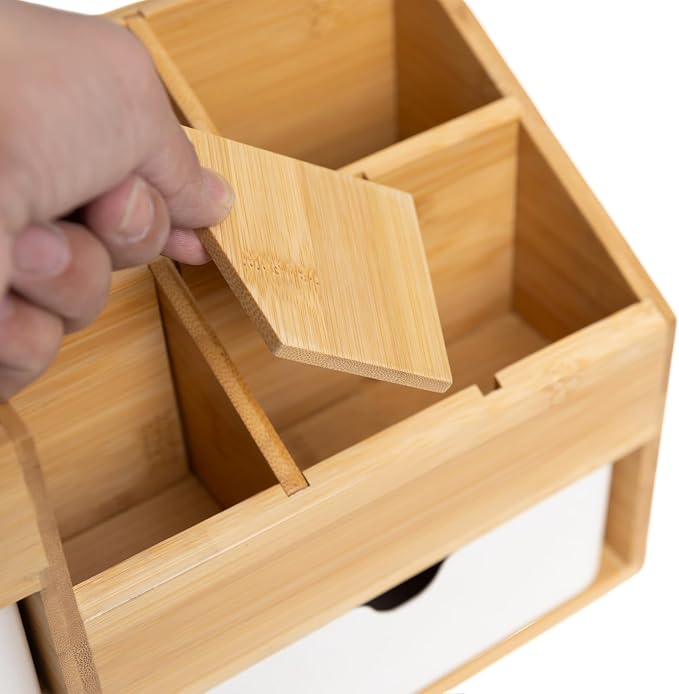 Bamboo Makeup Organizer, 11.5x5.4in | 3 Drawers, Dresser Cosmetic Organizer Box, Bamboo Desk Organizer for Home, Adjustable Dividers