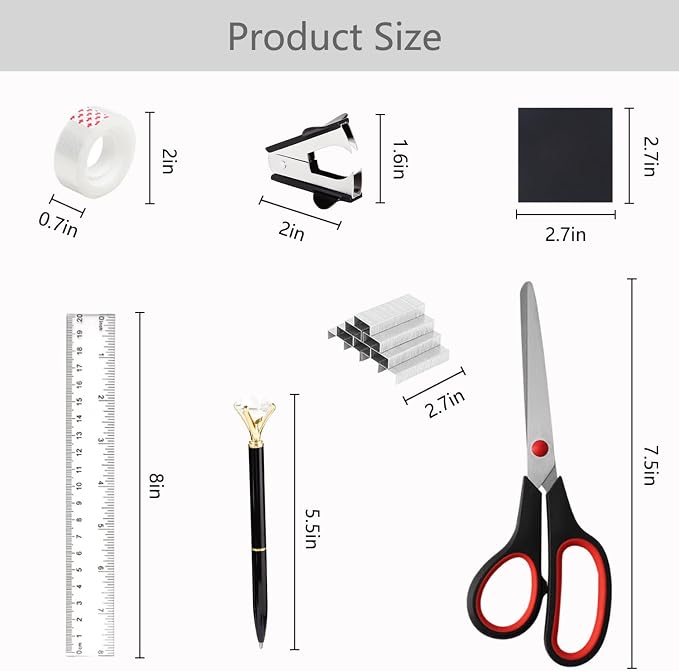 Office Supplies,School Supplies,Black Desk Accessories,Desk Organizer,Scissors,Stapler,Tape Dispenser,Binder Clips,Staples,Staple Remover,Sticky Notes,Clear Tape,Pen,Ruler,Best Gift,11pcs