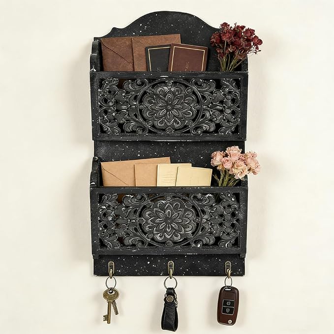 Rustic Key and Mail Holder for Wall Home Decorative,2-Slot Mail Organizer Wall Mount with 3 Hooks, Wooden Key Hangers Wall File Organizer Letter Sorter for Letter Magazines(Black)