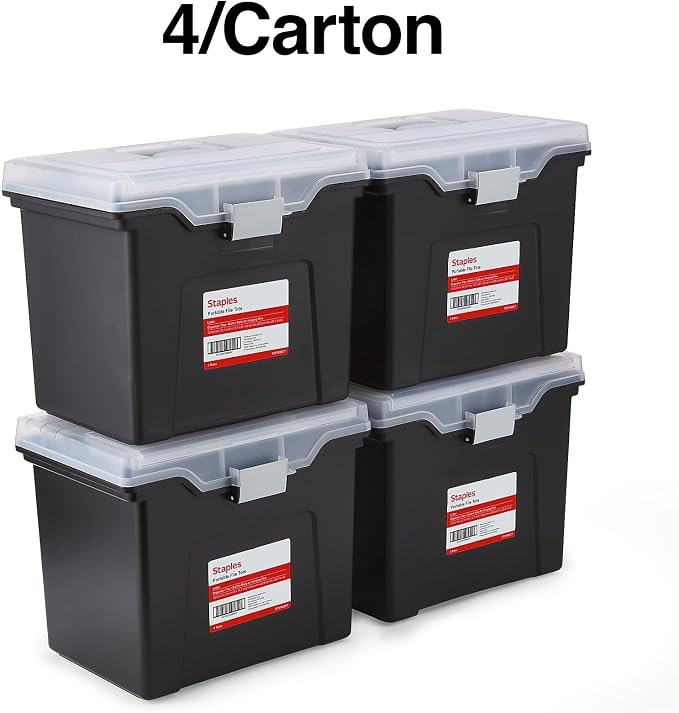 STAPLES File Box Portable Tote, Letter Size, Black, 4/Carton | Lightweight storage tote for transporting and organizing hanging files.
