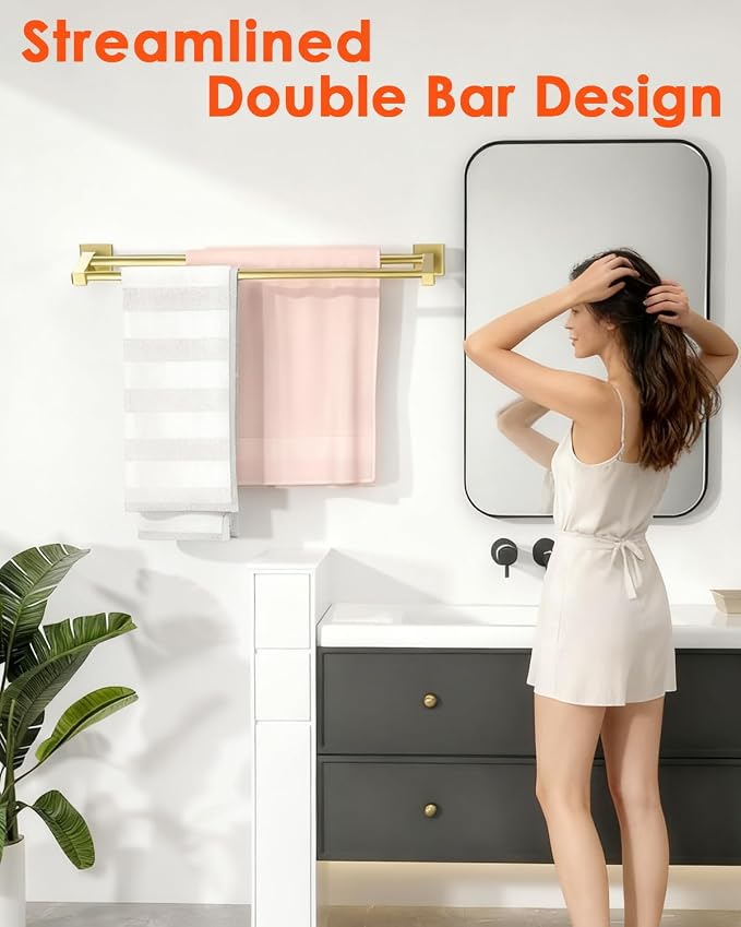 Alise Double Towel Bar, 20" Towel Racks for Bathroom Wall Mounted, Gold | SUS304 Stainless Steel Bathroom Towel Holder, Quick Drying Towel Hanger Towel Rod