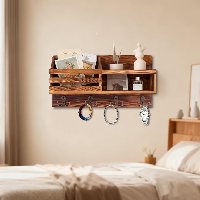 Key and Mail Holder for Wall, Mail Organizer Wall Mount with Shelf, Farmhouse Entryway Organizer for Keys, Wallet, Dog Leash, Sunglass (Brown)