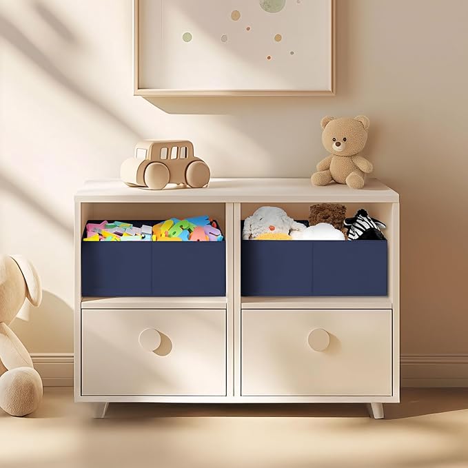 DIMJ Large Closet Shelf Organizer Bins 8Packs with Handles and Divider, Fabric Trapezoid Storage Baskets, Foldable Clothes Containers Box for Shelf, Towel, Book, Toy, Purse, Hats, Navy Blue
