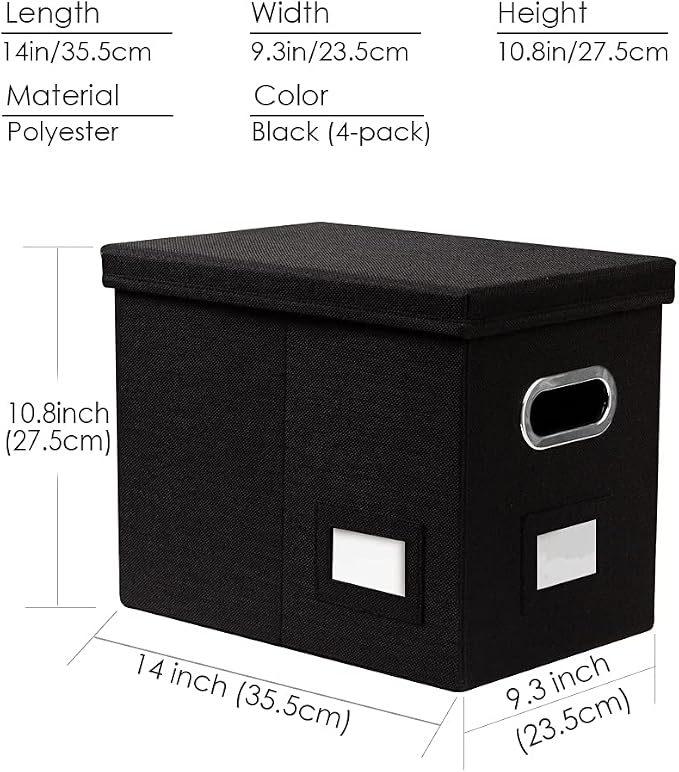 File Organizer Box - Set of 4 Collapsible Decorative Linen Filing Storage Hanging File Folders with Lids Office Cabinet Letter Size Black (14x9.3x10.8 inch)