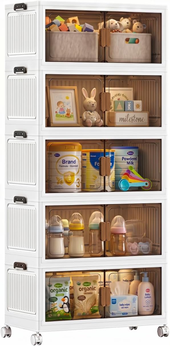 120QT Stackable Storage Bins With Lids, Collapsible Plastic Storage Bins with Wheels and Doors, Foldable Plastic Cabinets for Bedroom Dorm Garage Office Kitchen, 5 Pack