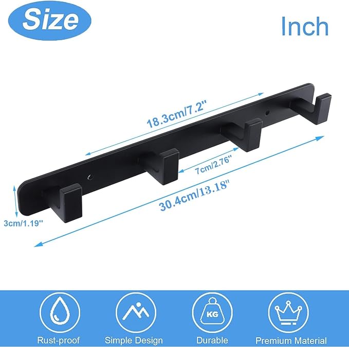 Coat Rack, Heavy Duty Stainless Steel 4 Tri Coat Hook Hanger, Wall Mounted Wall Hooks, Rustic Clothes Hook/Key Hook Rail for Bathroom Kitchen Entryway(2 Pack, 4 Hook Black)
