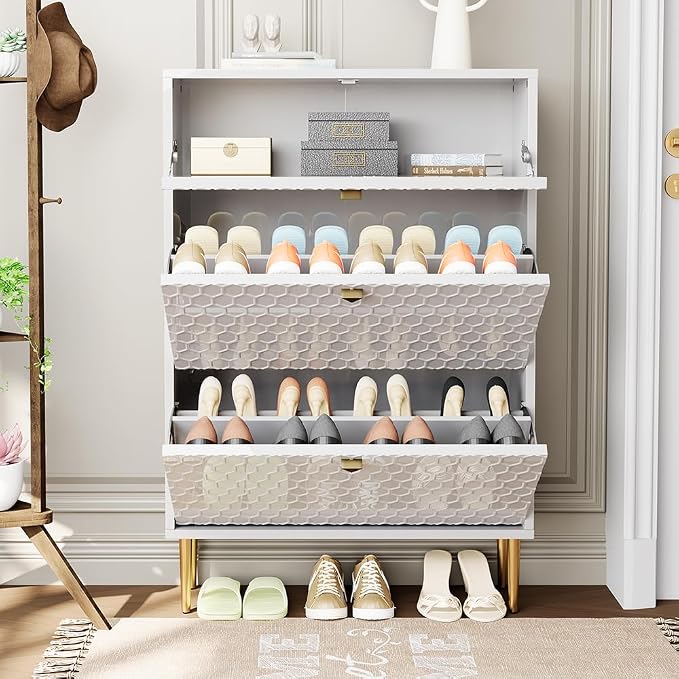 Boyel Living 3 Flip Drawers Free Standing Shoe Racks,Modern Shoes Cabinet with Brass Knobs and Legs, 24 Pair for Entryway (White