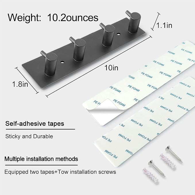 Key Hooks for Wall, Key Holder for Wall with 2 Self-adhesive Tapes, Black | No Damage Self Adhesive Key Holder Rack for Wall with 4 Key Hooks for Entryway, Door, Bathroom, Kitchen