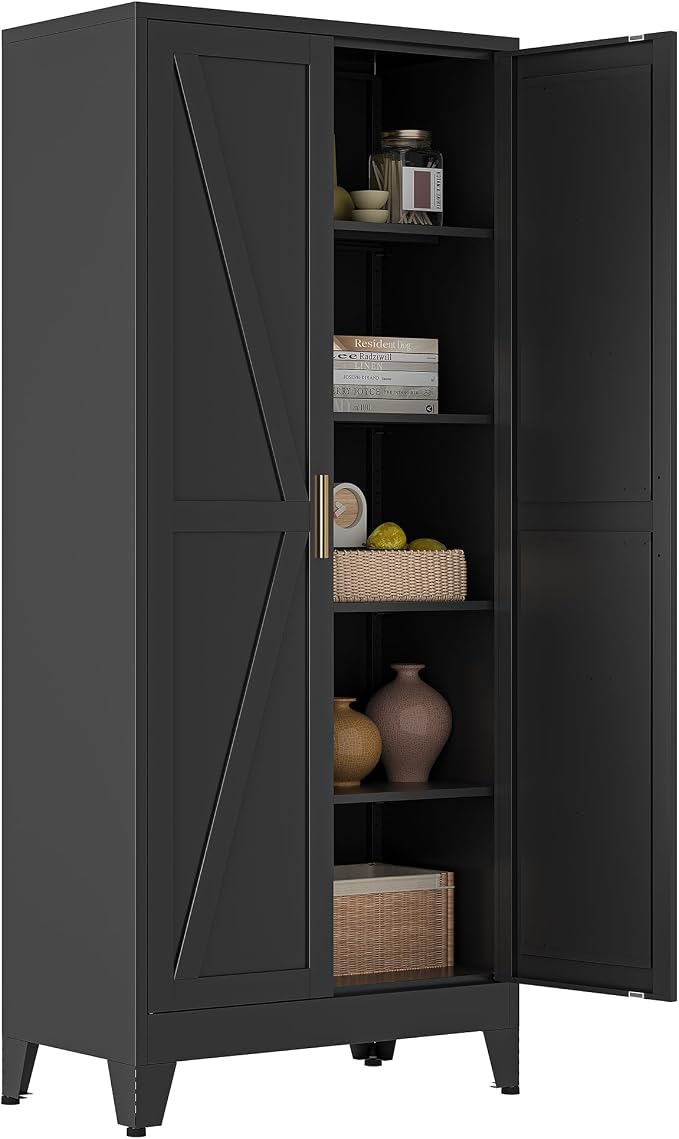 Bevivog 71" Kitchen Pantry Cabinet, Metal Storage Cabinet with 2 Doors and 4 Adjustable Shelves, Farmhouse Black Metal Pantry Cabinets Storage for Kitchen, Home Office,Garage, Laundry Room