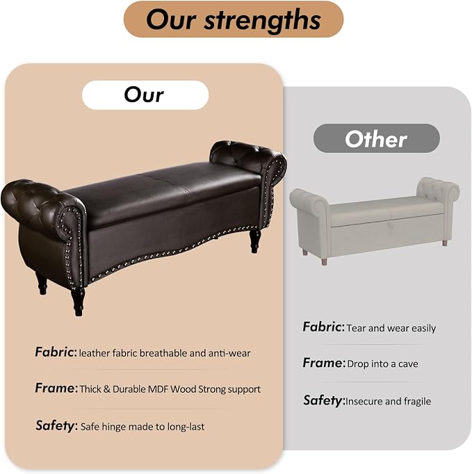 ZZW Storage Ottoman Bench, 51" Length Upholstered End of Bed Storage Bench for Bedroom with Safety Hinge, Tufted Bed Benches with Rolled Arm and Nailhead Trim for Living Room, Entryway Dark Brown