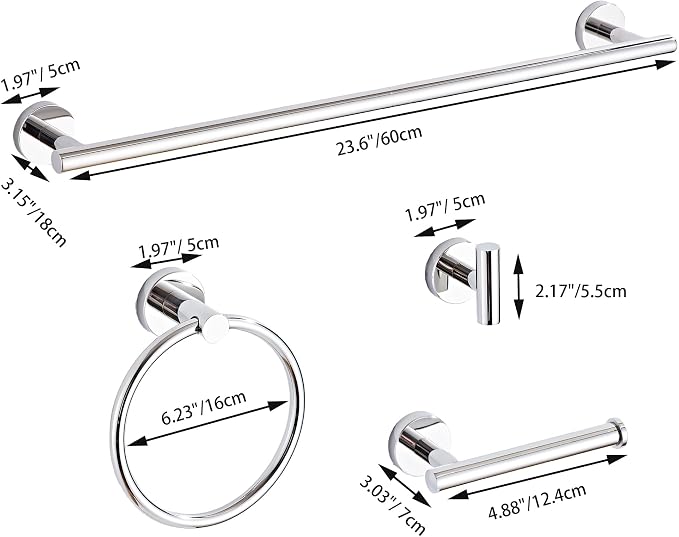 Chrome Bathroom Hardware Set 10 Piece with Towel Racks for Bathroom, SUS304 Stainless Steel Bath Towel Bar Set, 24 Inch Wall Mounted Accessories Kit