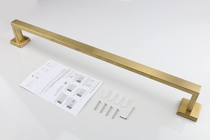 TocTen Bath Towel Rack - Square Base Thicken SUS304 Stainless Steel Towel Bar for Bathroom, Bathroom Accessories Towel Rod Heavy Duty Wall Mounted Towel Holder. (Brushed Gold, 24)