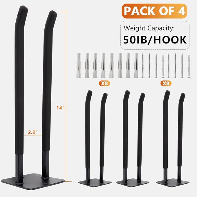 Sinoer 4 Pack Steel Wall Mount Double Garage Storage Hooks | 14 inch heavy steel double wall hooks store ladders, chairs, ropes, tires & strollers as garage tool organizer