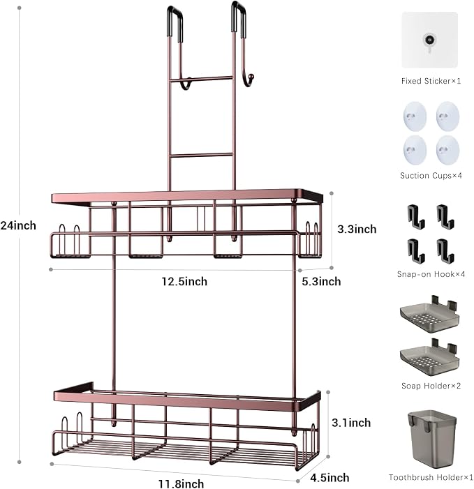Aitatty Over the Door Hanging Shower Caddy: Rustproof Hanging Organizer over the Door - No Drilling Bathroom Rack for Inside Shower Bronze