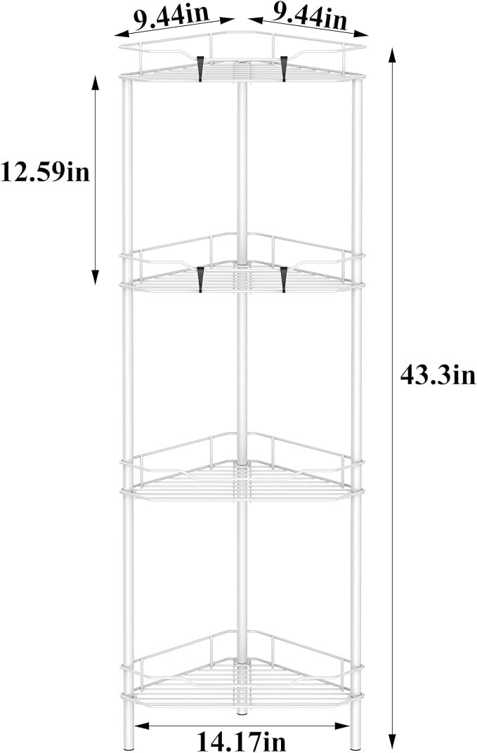 HuggieGems 4 Tier Floor Standing Corner Shower Caddy Organizer Shelf with Hooks, Bathroom Shelves Stand Rack, White