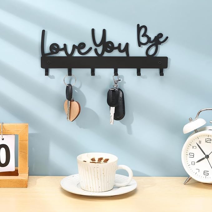 Key Holder Wall Mount Love You Bye Key Holder Hook Rack Organizer Hanger with 6 Hooks for Wall Express Love Art Sign Decor for Entryway Front Door(Hook Style,10 x 4)