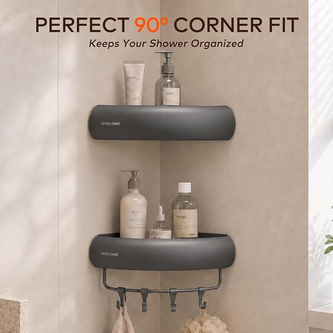 Corner Shower Caddy Adhesive Mount, No Drilling Shower Organizer | 2 Pack, Includes Hooks &Hanging Bar, Rustproof Aluminum, 2 Installation Ways, Wall-Mounted Bathroom Organizer Storage Shelves