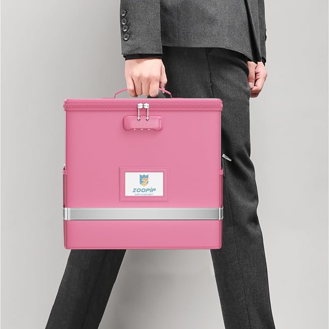 Fireproof File Box with Lock, Collapsible Document Organizer, Pink | Suitable for Hanging Folders in Letter Size, Reflective Strip for Fast Find, Home Office Safe Protection,12.2"x6"x10.2"