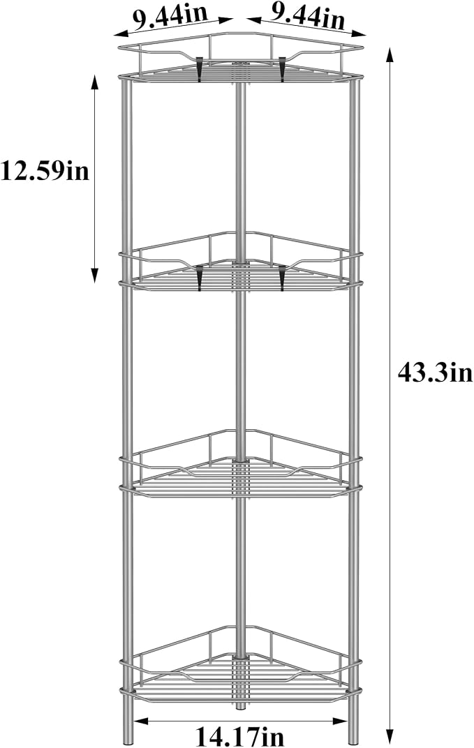 HuggieGems 4 Tier Floor Standing Corner Shower Caddy Organizer Shelf with Hooks, Bathroom Shelves Stand Rack, Gray