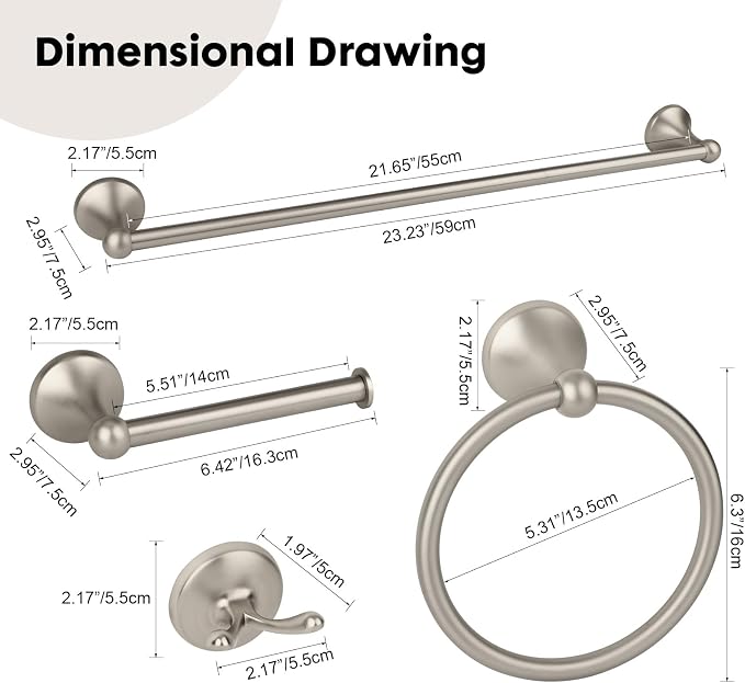 4-Piece Brushed Nickel Bathroom Hardware Accessories Set, 24 Inch Towel Bar, Towel Rack, Bathroom Towel Holder
