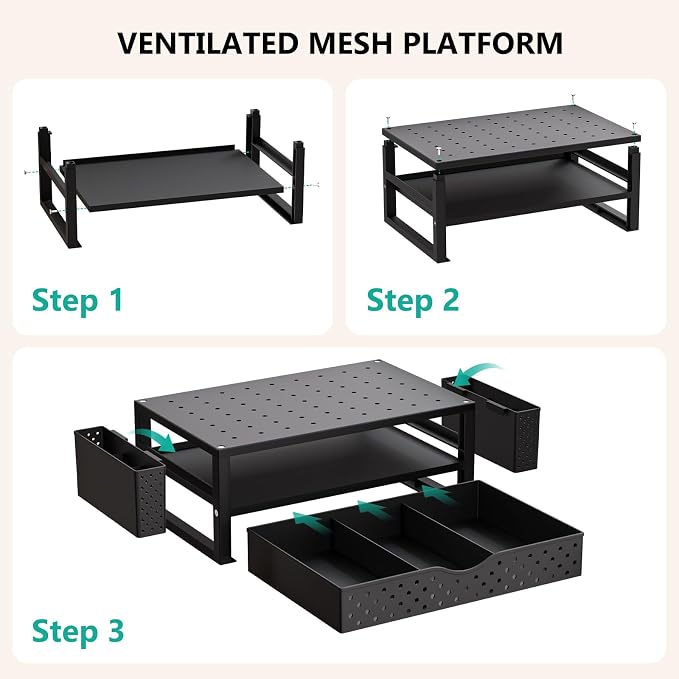 WALI Monitor Stand Riser with Drawer and 2 Pen Holders, Desk Organizers and Accessories for Computer, Printer, Laptop Stand for Home Office Supplies, (PTT004-B), 1 Pack, Black