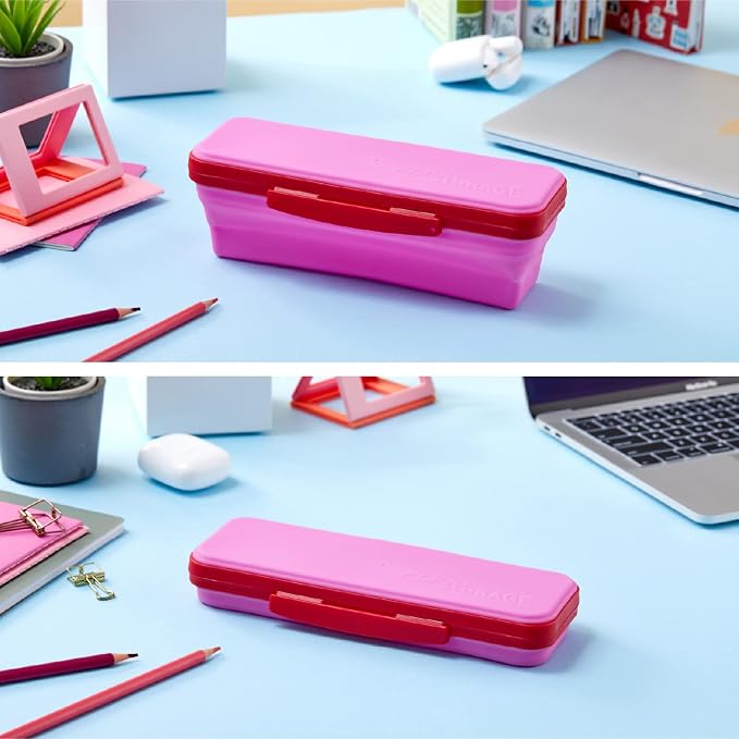 It's Academic Flexi Storage Box with Lid, Compact and Collapsible Pencil Case Design for Craft and School Supplies, Pink and Blue, 2 Pack