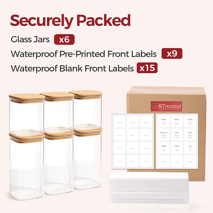 Glass Pantry Storage Containers with Lids 0.6/1.2/1.9 Qt 6 Pack | Pantry Organization, Square Stackable Design, Flour Sugar Coffee Beans Pasta Cereal Dry Food Storage,Kitchen Organizer