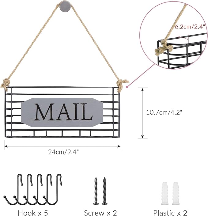 SRIWATANA Mail Organizer Wall Mount, 5 Key Hooks, Small, Weathered Grey | Mail Holder Key Holder for Wall, Hanging Mail Sorter, Letter Basket for Receipts Bills Envelopes, Home & Office Organizer