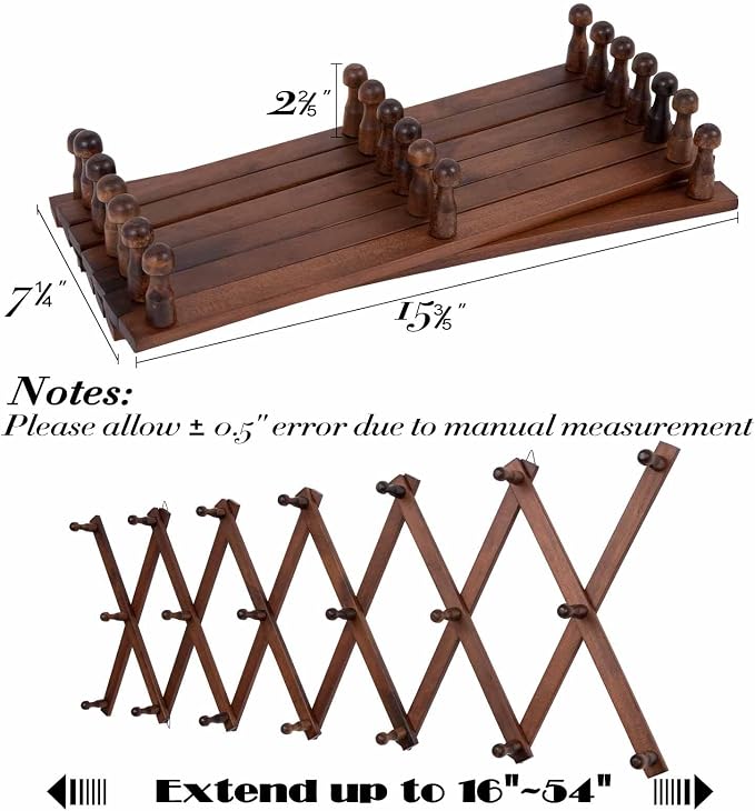 SCUNDA Accordion Wall Hanger with 20 Hooks, Expandable Wall Hat Display Rack, Wooden Wall Hook for Coat, Hats, Baseball Caps, Coffee Mug, Jewelry(Brown)