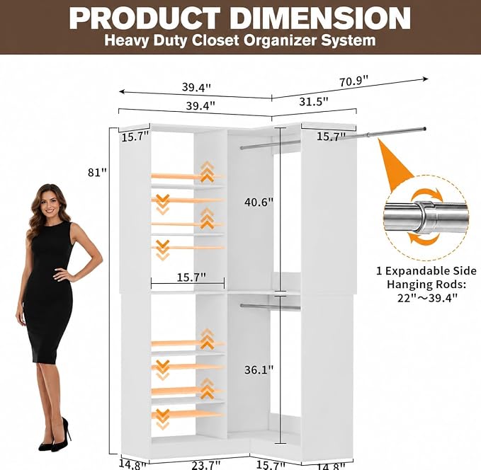 Corner Closet System with 6 Shelves ( 4 Adjustable with 20 Height Options), 39.4"-78.8" Custom Corner Closet Organizer System with 3 Hanging Rods, Walk in Corner Closet Organizer System, White