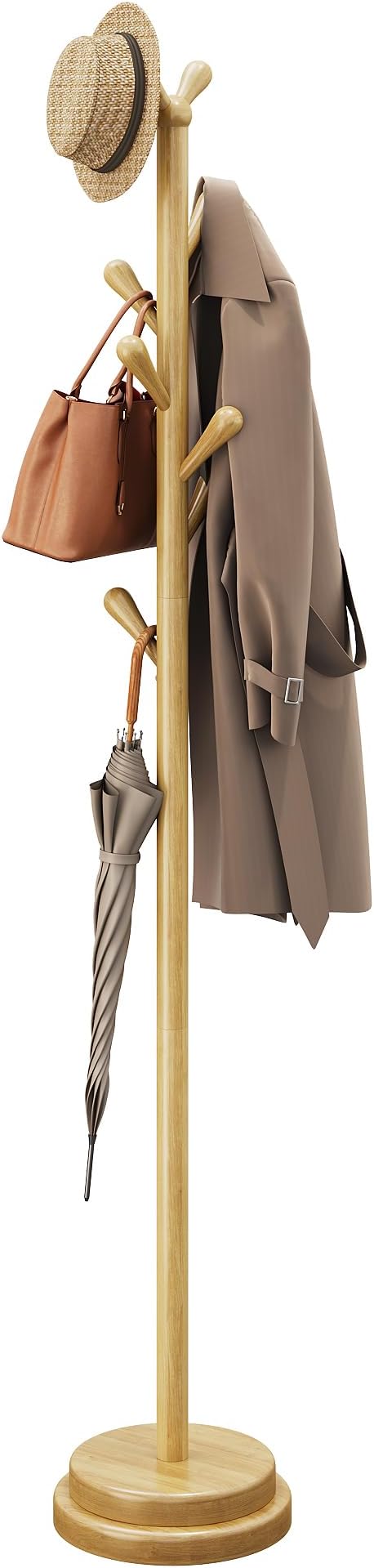 STARSAGA Solid Wood Coat Rack Freestanding Coat Tree with 8 Hooks | Adjustable Height Heavy Duty Coat Rack with Rounded Hooks & Dual-Layer Base, Holds Coats Hats Bags for Entryway, Bedroom