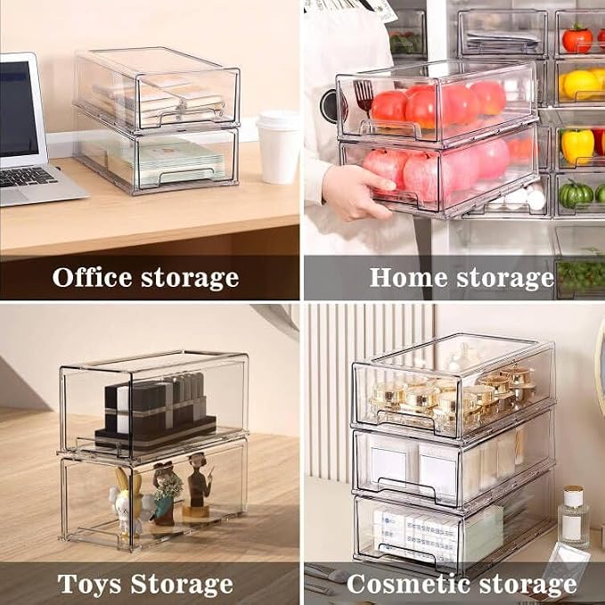 MANO 2Pack Clear Fridge Drawers Pull Out Stackable Refrigerator Drawer Organizer Bins Pantry Storage Box Plastic Food Containers for Kitchen Bathroom Office Closet (2pack Large)
