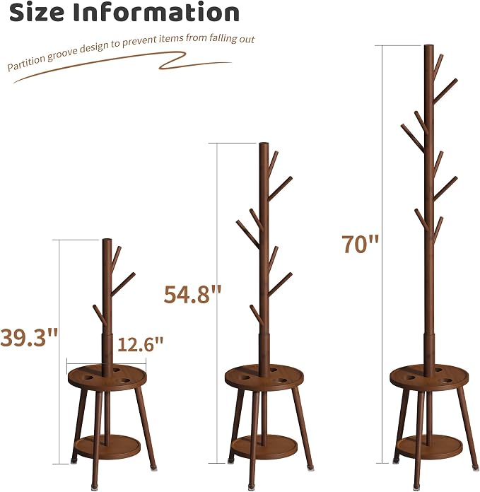 Freestanding Coat Rack with Umbrella Organizer Tray Bamboo Coat Tree Rack with 8 Hook Stand for Clothes Bag Hats Entryway Hanger Stand(Brown)