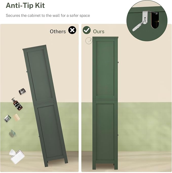 67" Tall Bathroom Cabinet with Adjustable Shelves and Doors, Narrow Bathroom Storage Cabinet for Small Space, Living Room, Entryway, Kitchen, Green