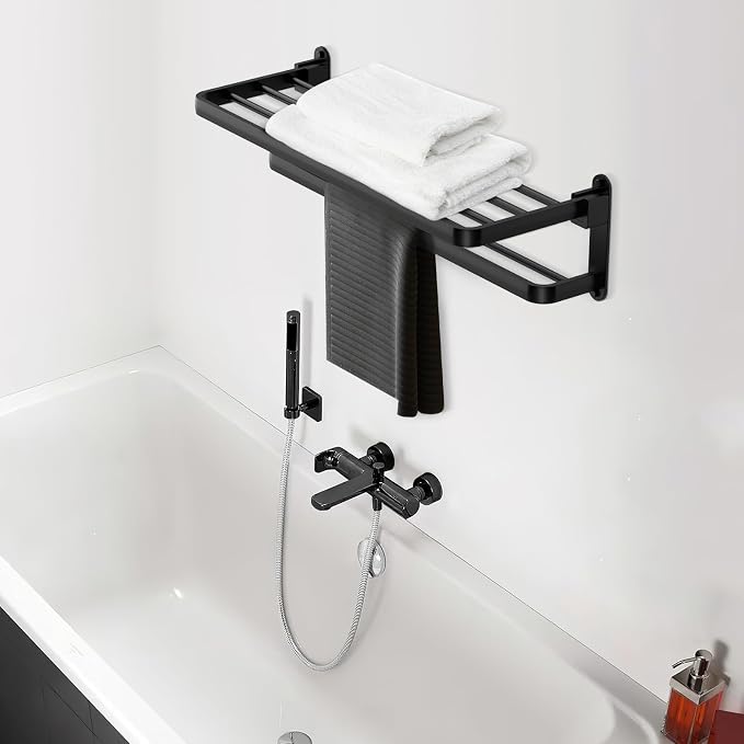 BOZWELL Bathroom Lavatory Towel Rack with Two Towel Bars,16-Inch(40cm) Towel Holder with Shelf BZ305-A (Matte Black)