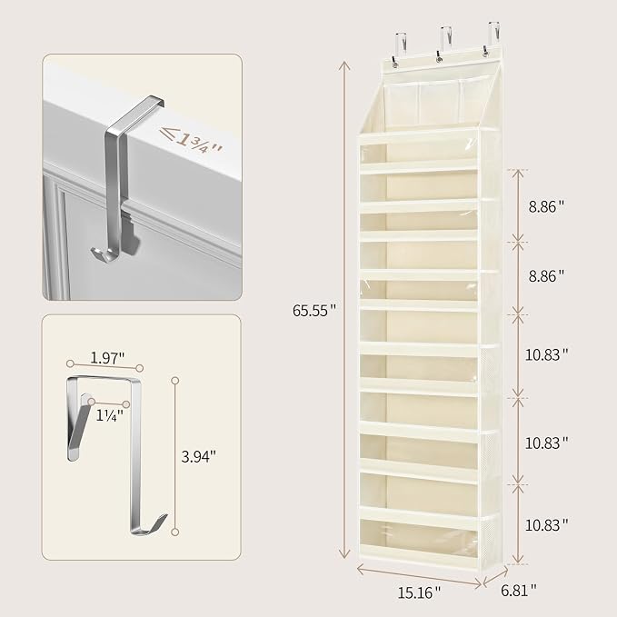 Yecaye 7 Tier Over the Door Organizer, Large Capacity Door Organizer Hanging with Clear PVC Windows, Behind the Door Storage for Bedroom Nursery Closet Laundry Pantry Bathroom, Cream White