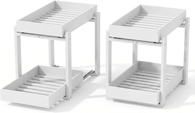 MHXW SXPN Bamboo Under Sink Organizer, 2 Pack Pull Out Cabinet Organizer | 2 Tier Vertical Smooth Slide Out Undersink Storage Shelf | Multi-Purpose Organizer Shelves for Kitchen Bathroom Medicine