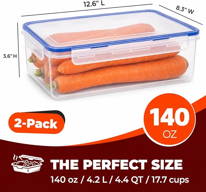 Tribello 140 oz Large Airtight Food Storage Containers with SnapTight Lids – Clear, Stackable, BPA-Free Meal Prep Containers for Kitchen, Freezer & Pantry – 2-Pack