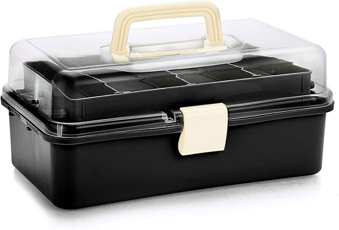 BTSKY 3-Layer Plastic Dividing Storage Box Craft Organizer and Storage | Portable Handled Art Supply Organizer with Adjustable Spacers Multipurpose Home Utility Box for Medicine Sewing(Black+Beige)