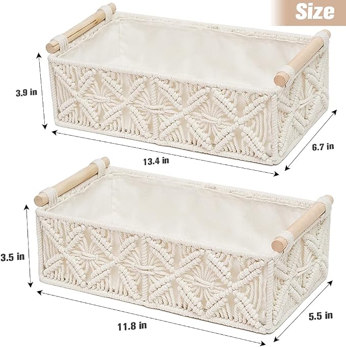 Macrame Storage Basket Boho Decor Baskets for Organizing Woven Decorative for Countertop Toilet Paper Basket for Tank Top for Home Decor Bedroom Nursery Livingroom Entryway (Set of 2)