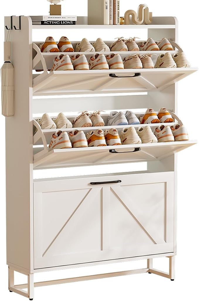 EOYUTLLY Shoe Cabinet Storage for Entryway, Narrow Shoe Rack with 3 Flip Drawers, Freestanding Hidden Shoe Rack Storage Organizer, Slim Shoe Cabinet White with Metal Legs