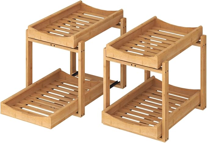 MHXW SXPN Bamboo Under Sink Organizer, 2 Pack Pull Out Cabinet Organizer | 2 Tier Vertical Smooth Slide Out Undersink Storage Shelf | Multi-Purpose Organizer Shelves for Kitchen Bathroom Medicine