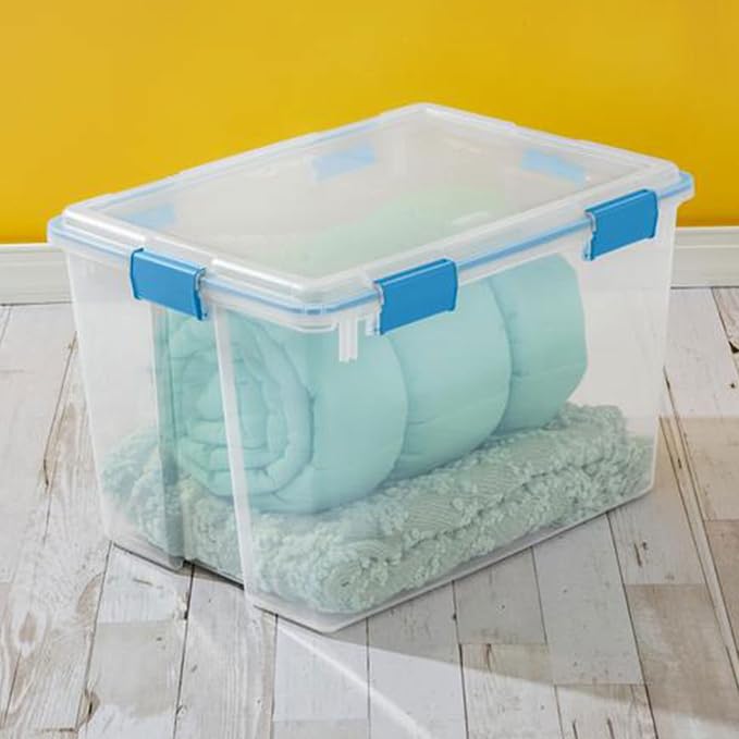 Sterilite 80 Qt Gasket Box, Stackable Storage Bin with Latching Lid and Tight Seal, Plastic Container to Organize Basement, Clear Base and Lid, 1-Pack