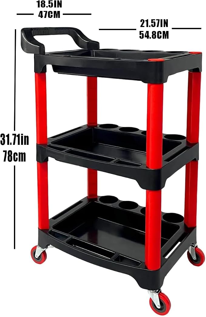 Auto Detailing Cart with Wheels, 3 Tier Rolling Detail Cart | Car Wash Organizer for Detailers Garage, Workshop, Repair Shop, Storage Tool