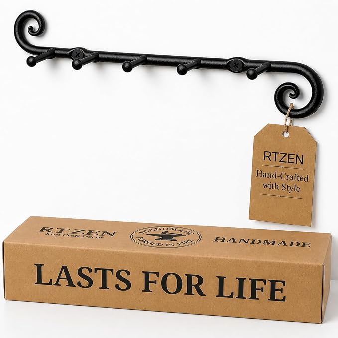 RTZEN Farmhouse Small Key Holder for Wall, Wrought Iron Wall Mount Rack | Handcrafted Swirl Decorative, 5 Key Hooks for Home Entryway, Purse, Coat and Leash Holder or Organizer (Classic Black)